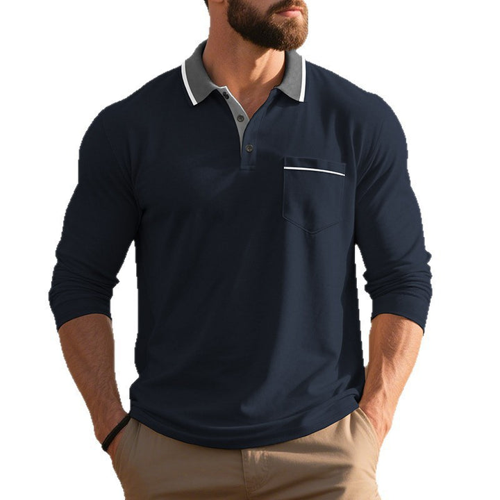 Men's long-sleeved polo shirt with contrast collar, chest pocket, and fine cotton stretch Mune Fashion
