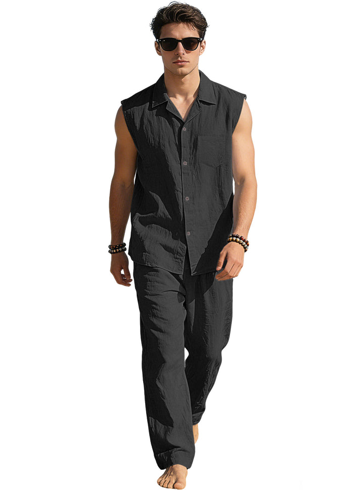 Men's sleeveless linen leisure set with lapel collar, chest pocket, and straight pants Mune Fashion