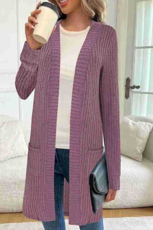 Women Longline Ribbed Knit Cardigan with Pockets Mune Fashion