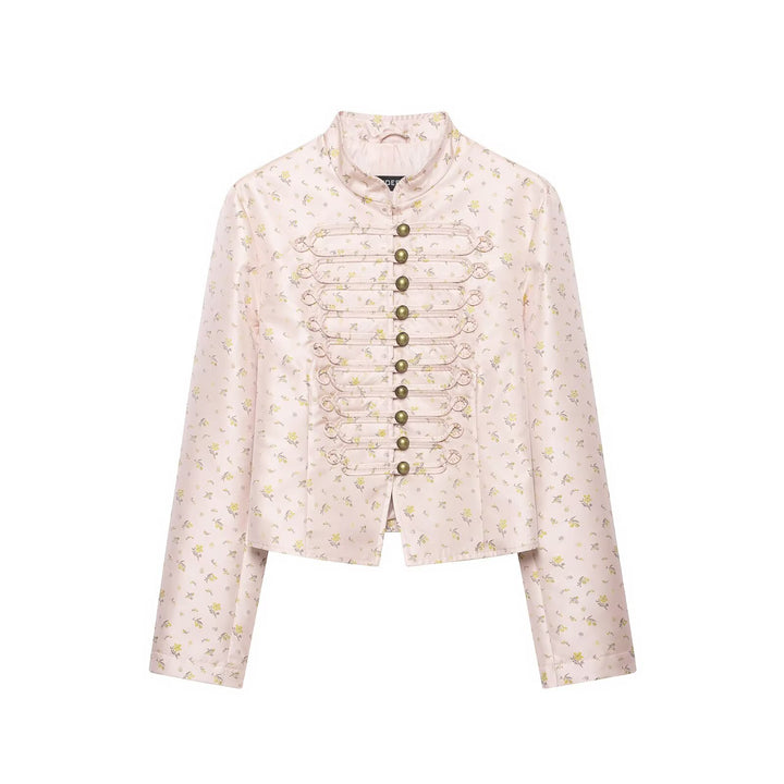 Women Cropped Satin Military Jacket with Stand-Up Collar and Decorative Frog Closure Mune Fashion