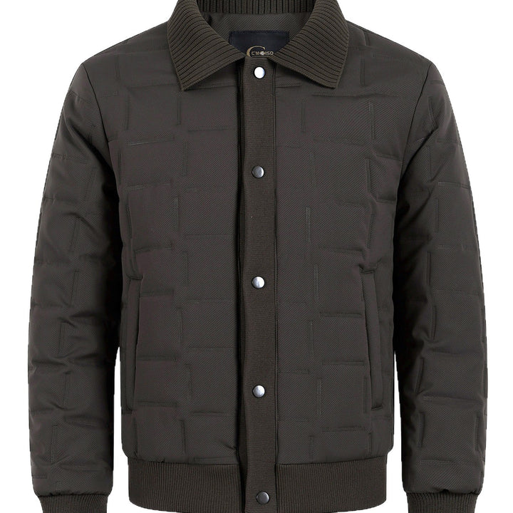 Men's short-cut quilted bomber jacket with ribbed collar, snap button placket, and geometric quilt Mune Fashion