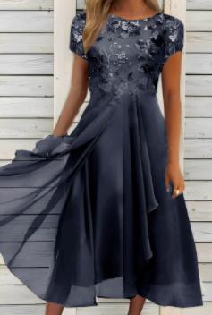 Women's flowing chiffon mid dress with floral embroidered top and asymmetrical tiered skirt Mune Fashion
