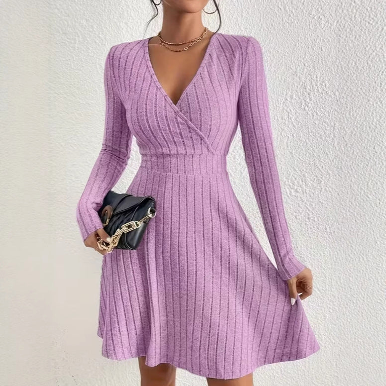Women's knitted dress with wrap V-neck, tailored waist and flared A-line skirt Mune Fashion