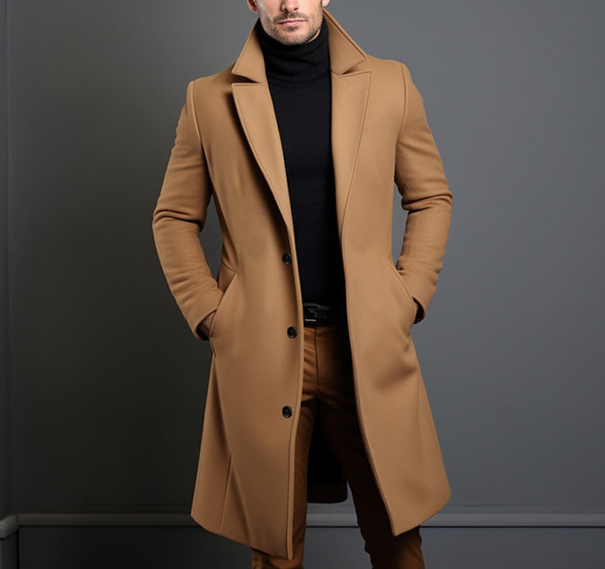 Men's Longer Tailored Wool Coat with Lapel Collar and Flap Pockets Mune Fashion