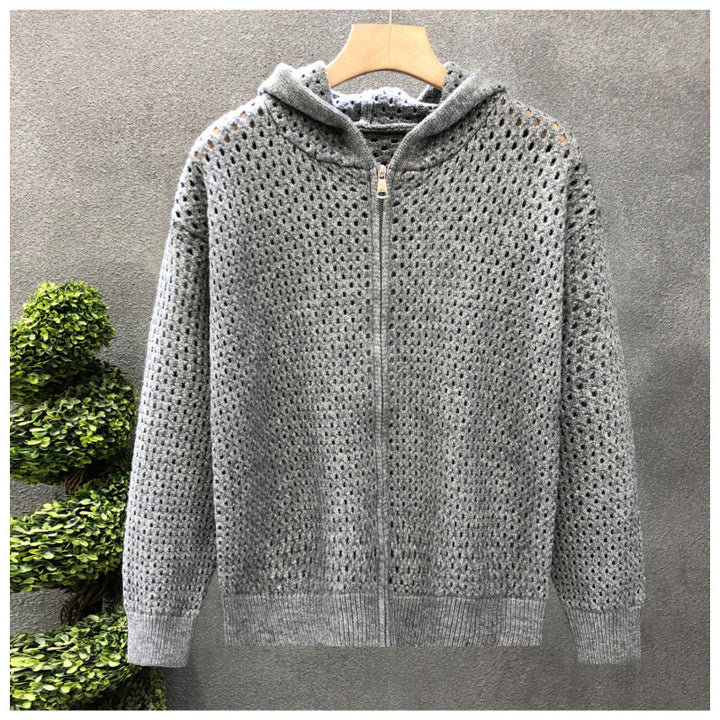 Unisex Light Openwork Knit Hooded Zip Jacket with Eyelet Pattern Mune Fashion