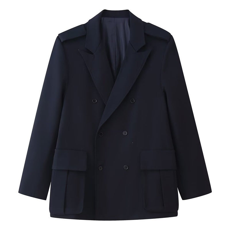 Women Double-breasted Field Blazer with large flap pockets and shoulder epaulets Mune Fashion