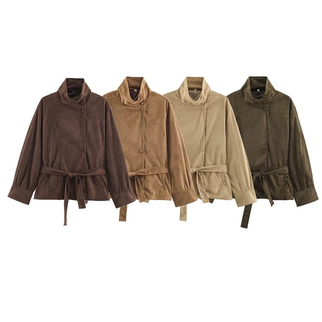 Women's Boxy Wrap Jacket in Velour Look with High Stand-Up Collar and Tie Belt Mune Fashion