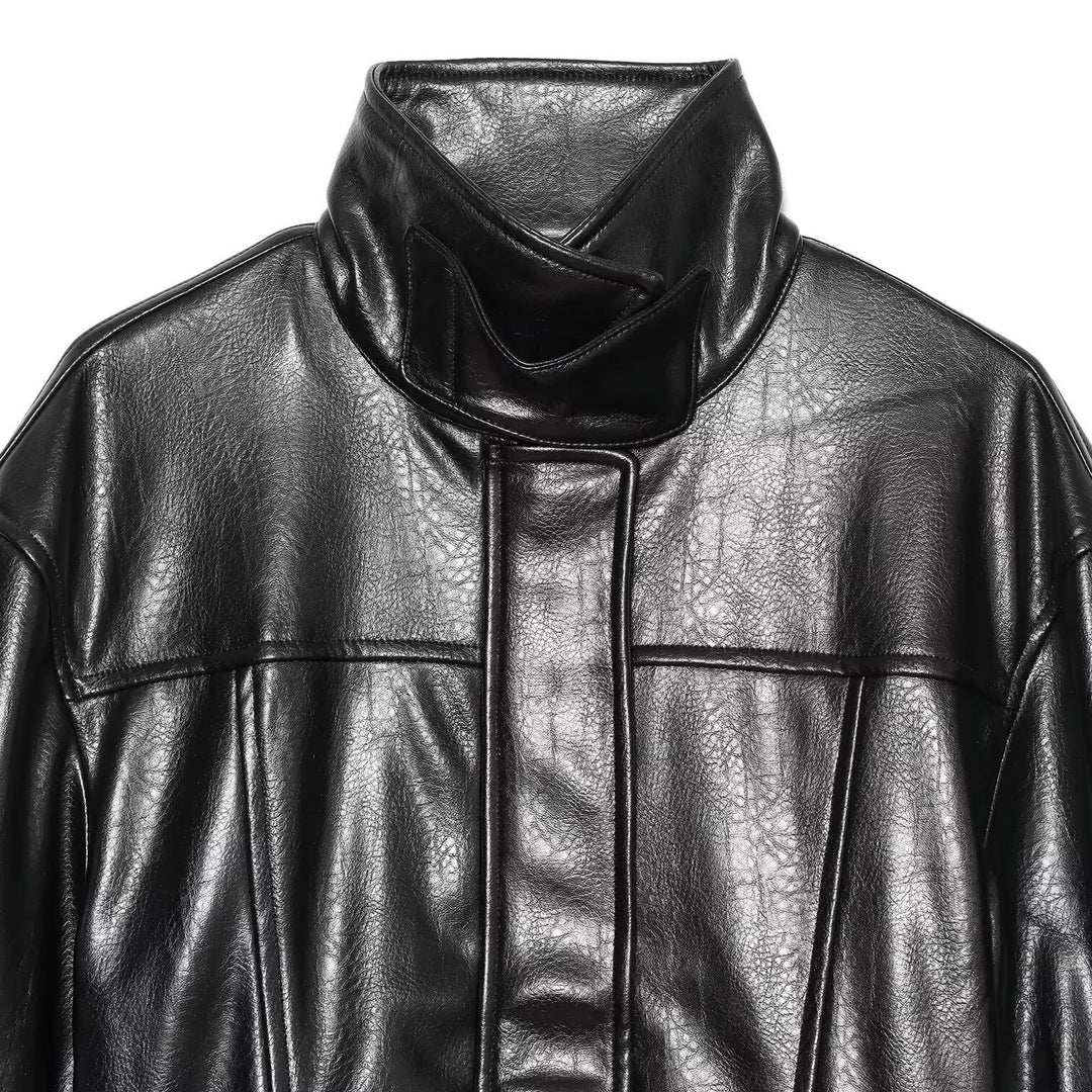 Women's Faux Leather Short Coat with High Stand Collar, Waist Tie Belt and Seams Mune Fashion