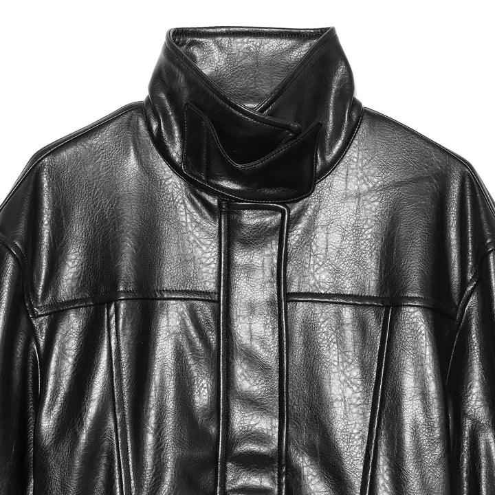 Women's Faux Leather Short Coat with High Stand Collar, Waist Tie Belt and Seams Mune Fashion