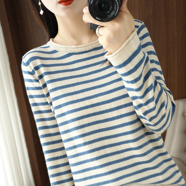 Women’s maritime inspired cotton fine-knit sweater with stripes and slightly boxy silhouette Mune Fashion