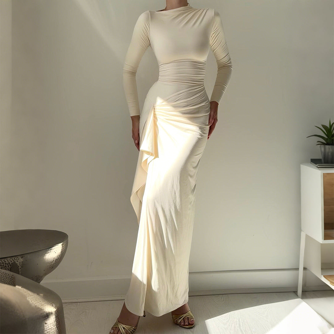 Women's ruffled maxi dress with long sleeves, waist-defining stretch fit and side ruffle detail Mune Fashion