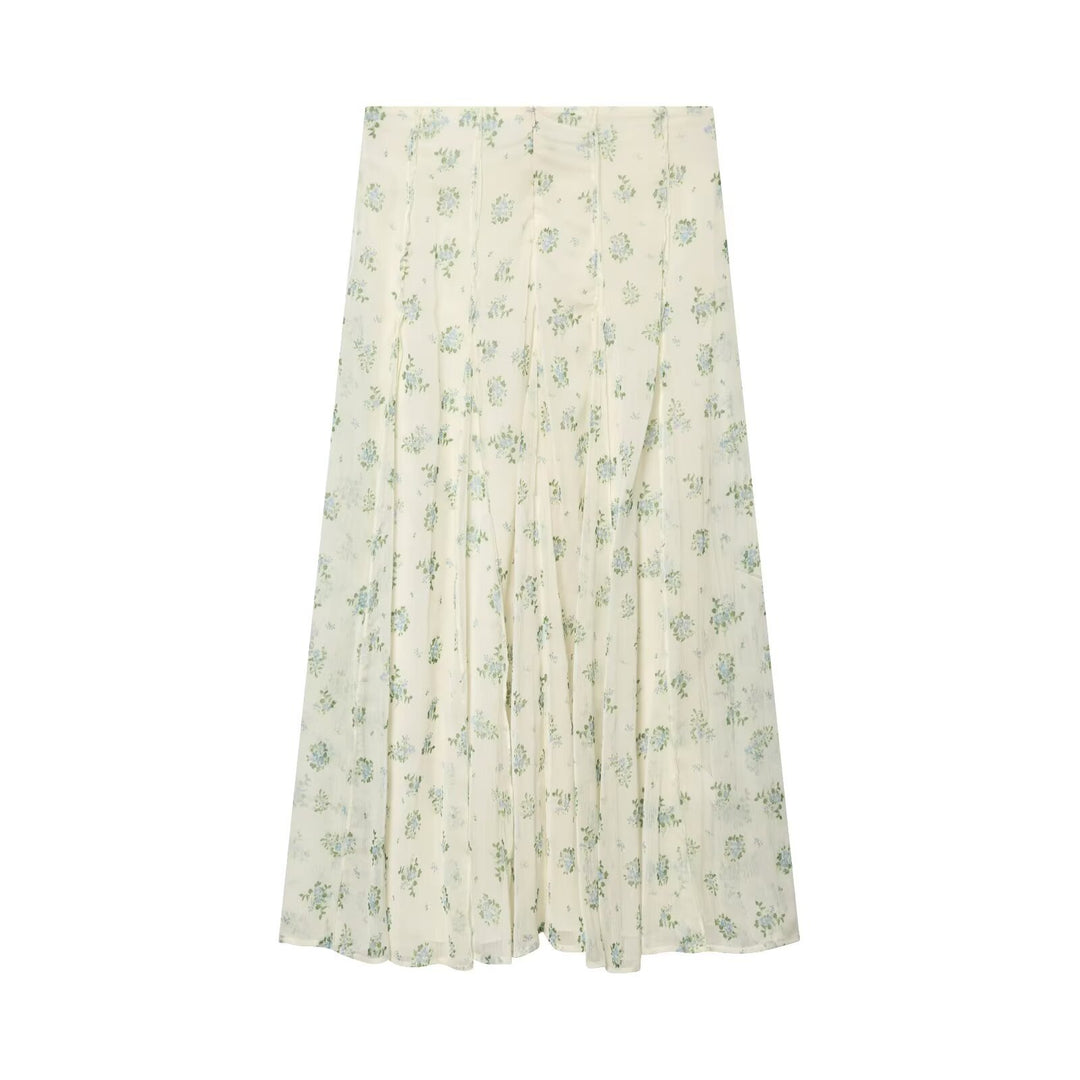 Women's Long Pleated Chiffon Skirt with Delicate Floral Print and High Waist Mune Fashion
