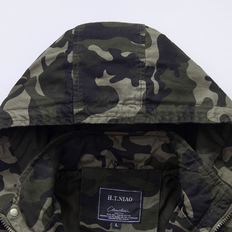 Men's Camouflage Field Jacket with Hood, Multifunctional Exterior Pockets and Drawstring Waist Mune Fashion