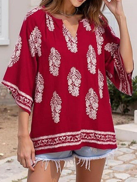 Women's Loose Beach Tunic Top with V-Neck and Boho Print Mune Fashion