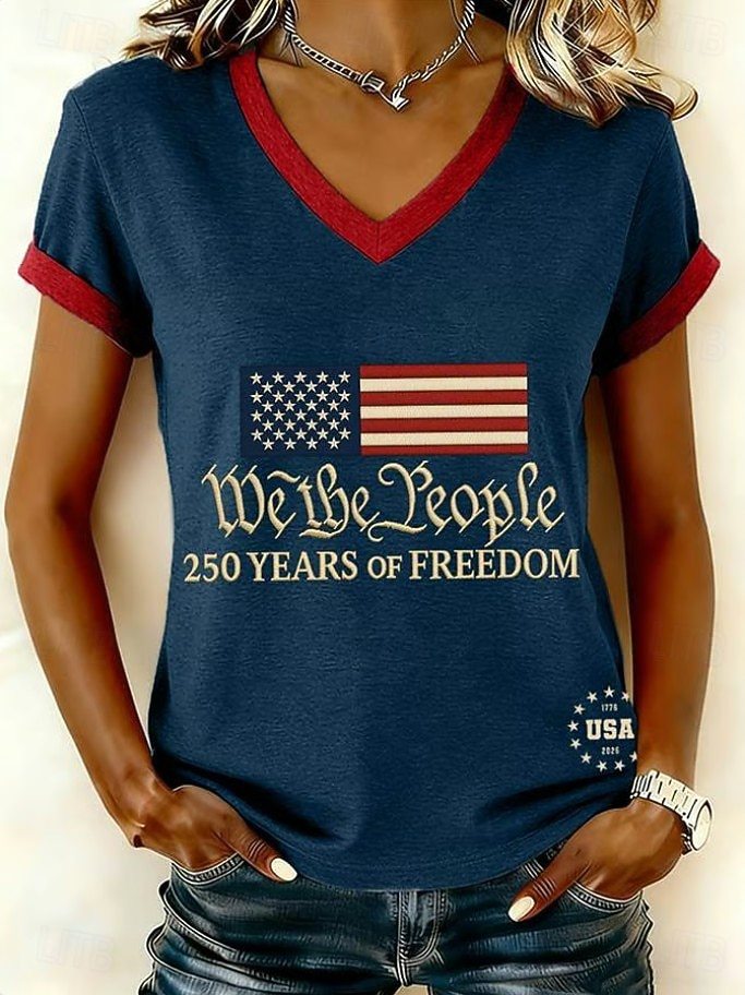Women’s V-neck Retro Print T-shirt with Eagle Emblem and vintage-inspired Graphic Mune Fashion