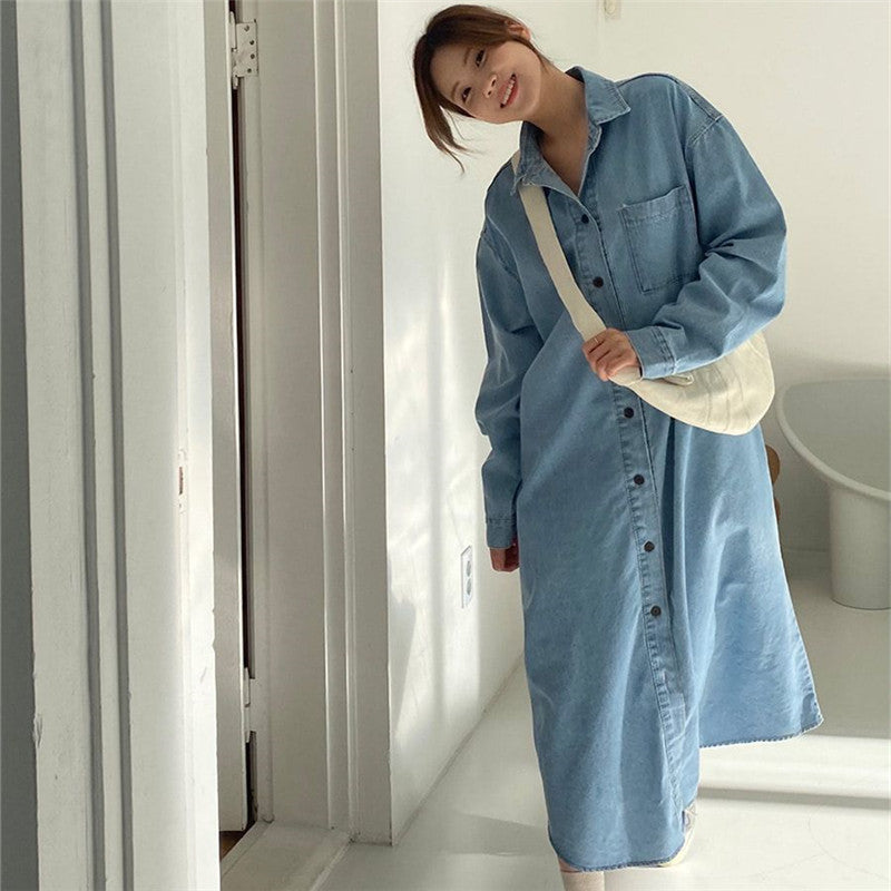 Women Oversized Denim Maxi Dress in Shirt Style with Chest Pocket and Full Button Placket Mune Fashion