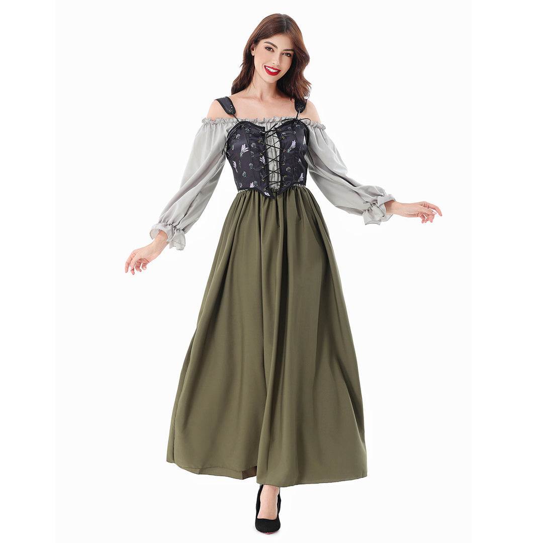 Ladies Corsage Dress with Lace-Up Corset and Off-the-Shoulder Blouse Top Mune Fashion