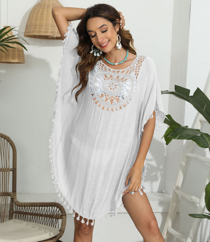 Women's crocheted beach cover-up with fringe and round neck Mune Fashion