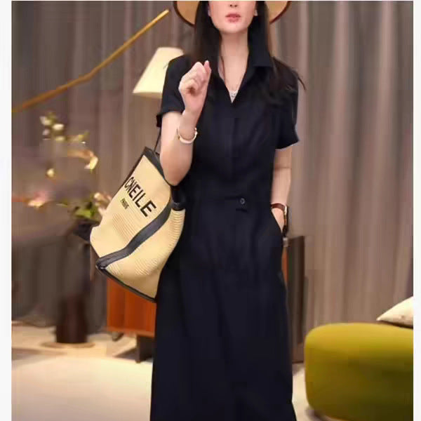 Women Tailored Shirt Blouse Midi Dress with Concealed Button Placket and Waist Pass Mune Fashion