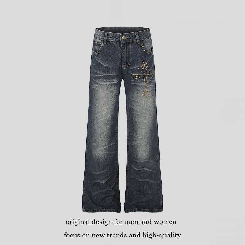 Women's Wide High-Waist Palazzo Jeans with Decorative Stone Cross Appliqué Mune Fashion