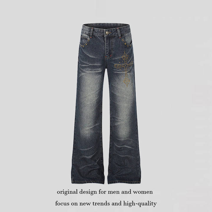Women's Wide High-Waist Palazzo Jeans with Decorative Stone Cross Appliqué Mune Fashion