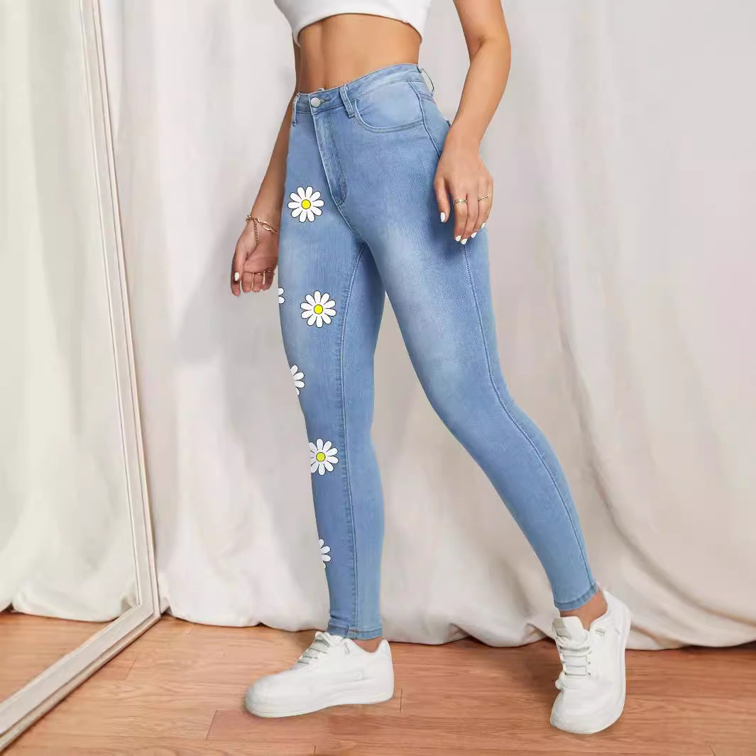 Women's High-Waist Skinny Jeans with printed Daisies and figure-shaping Stretch Mune Fashion