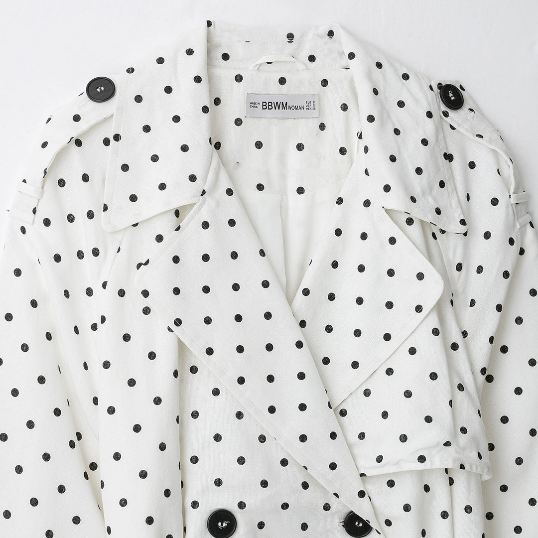 Women Polka Dot Cropped Trench Coat with Waist Belt and Double-Breasted Button Placket Mune Fashion