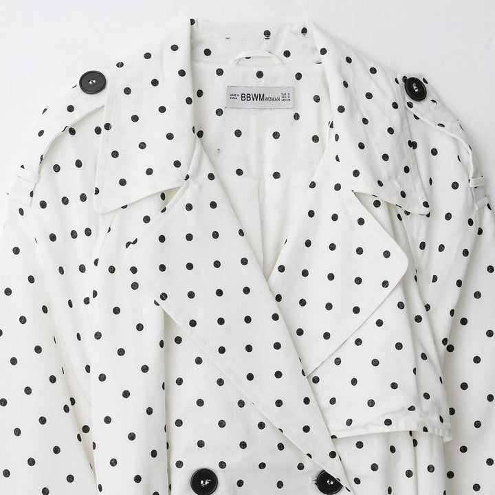 Women Polka Dot Cropped Trench Coat with Waist Belt and Double-Breasted Button Placket Mune Fashion