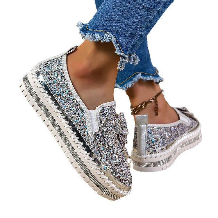 Women Glitter Platform Slippers with Bow Application and Profiled Comfort Sole Mune Fashion