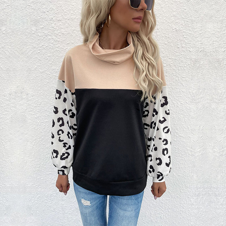 Women's colorblock sweatshirt with rollover collar and animal print sleeves Mune Fashion