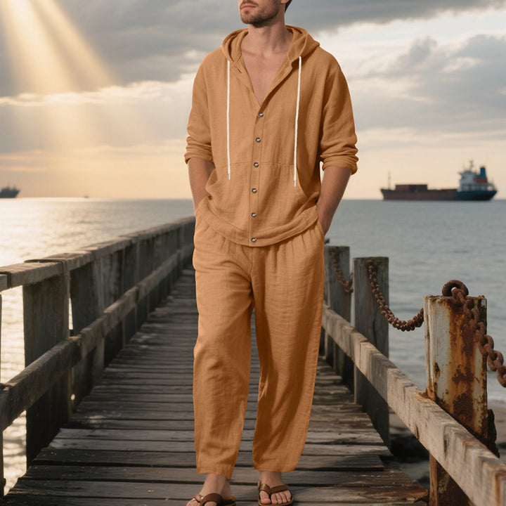 Men's casual linen-cotton ensemble with hooded top and full button placket, kangaroo pocket, and ankle-length wide trousers Mune Fashion
