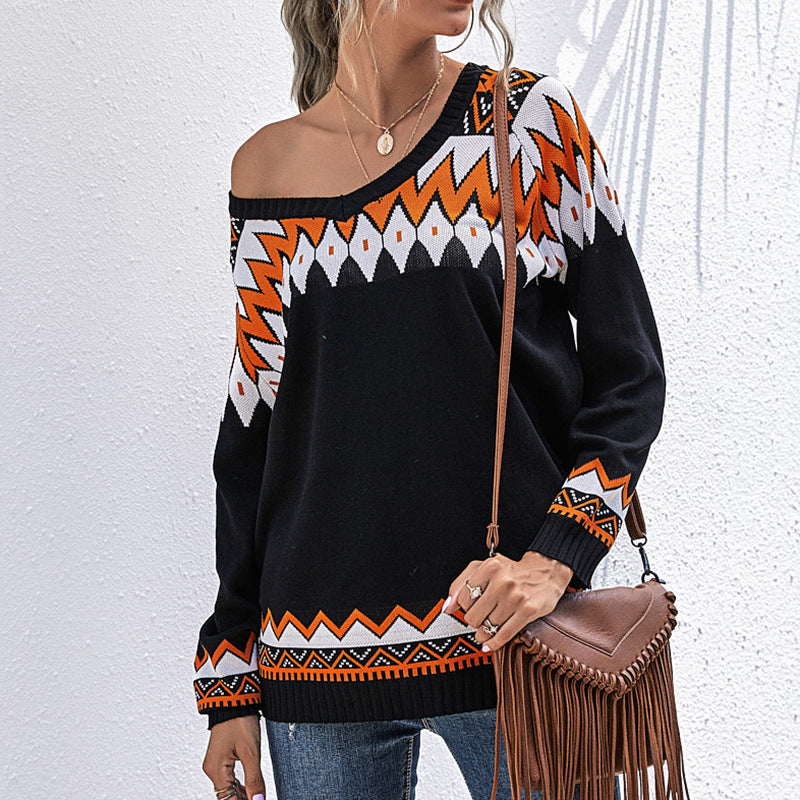 Women’s Oversize Knit Sweater with Geometric Aztec Pattern and Asymmetrical Off-Shoulder Neckline Mune Fashion