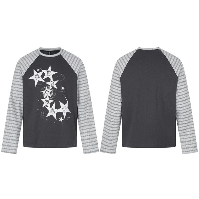 Women's cotton long sleeve shirt in raglan style with star portrait collage and striped sleeves Mune Fashion