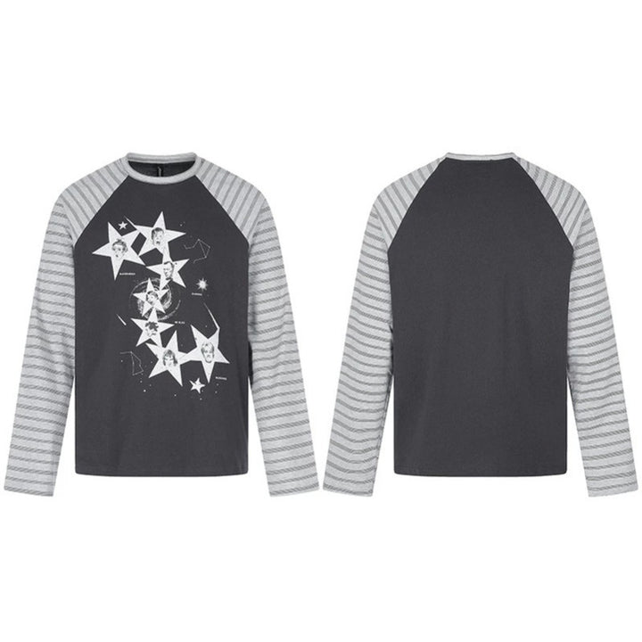 Women's cotton long sleeve shirt in raglan style with star portrait collage and striped sleeves Mune Fashion