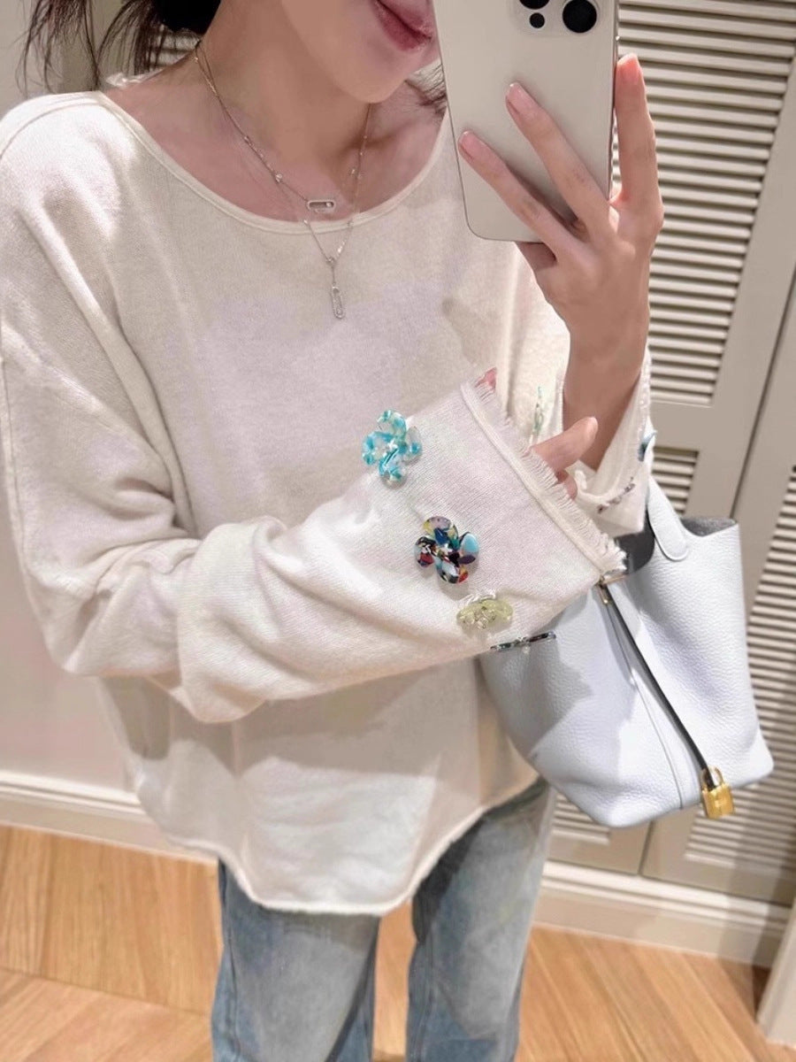 Women's Oversized Fine Knit Sweater with Jewelry-Embellished Sleeve Cuffs Mune Fashion