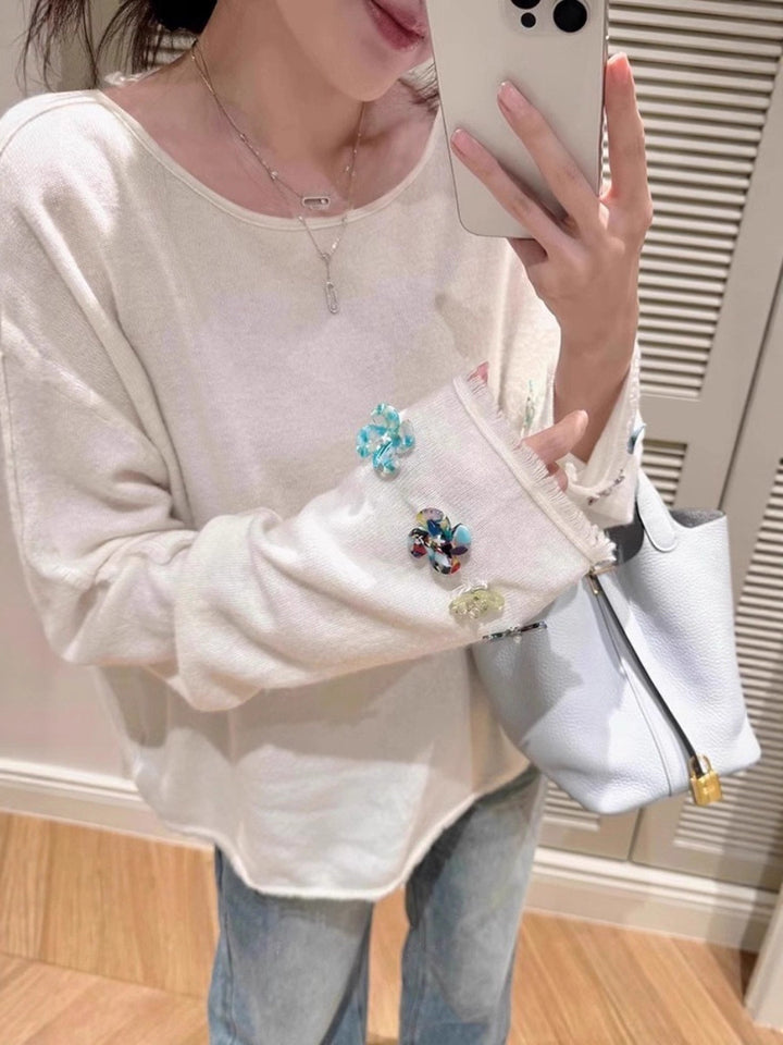Women's Oversized Fine Knit Sweater with Jewelry-Embellished Sleeve Cuffs Mune Fashion