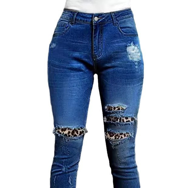 Women Stretch Skinny Jeans with High Waist, Knee Ripped Details and Leo Underlay Mune Fashion