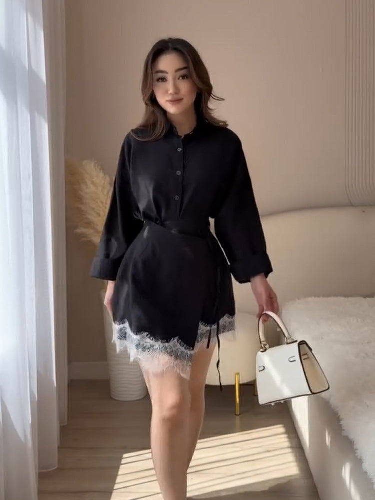 Women's Short Wrap Dress with Shirt Blouse Top, Waist Belt and Lace Trim Mune Fashion