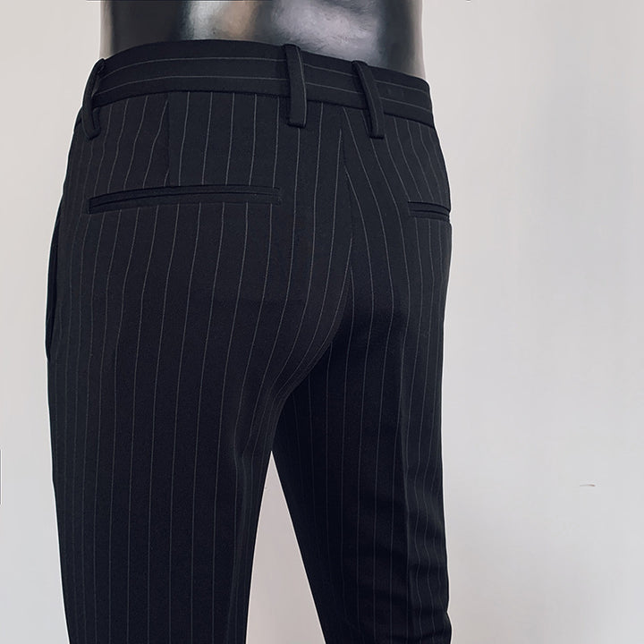 Men's slim-fit pinstripe suit trousers with elastic waistband and ring detail Mune Fashion