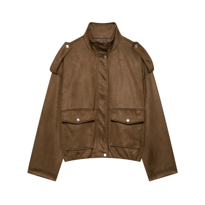 Women's Cropped Field Jacket in Suede Look with Stand-Up Collar, Shoulder Epaulettes, and Large Flap Pockets Mune Fashion