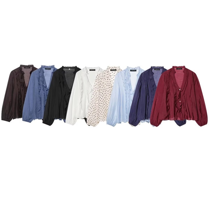 Women's Light Chiffon Blouse with Ruffle Button Placket and Balloon Sleeves Mune Fashion