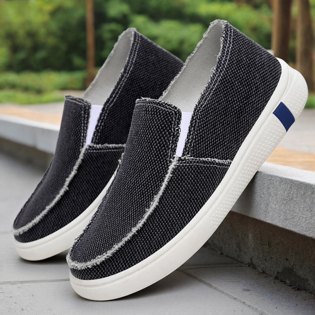 Men's casual canvas slip-on with frayed edge, elastic insert, and grippy rubber sole Mune Fashion