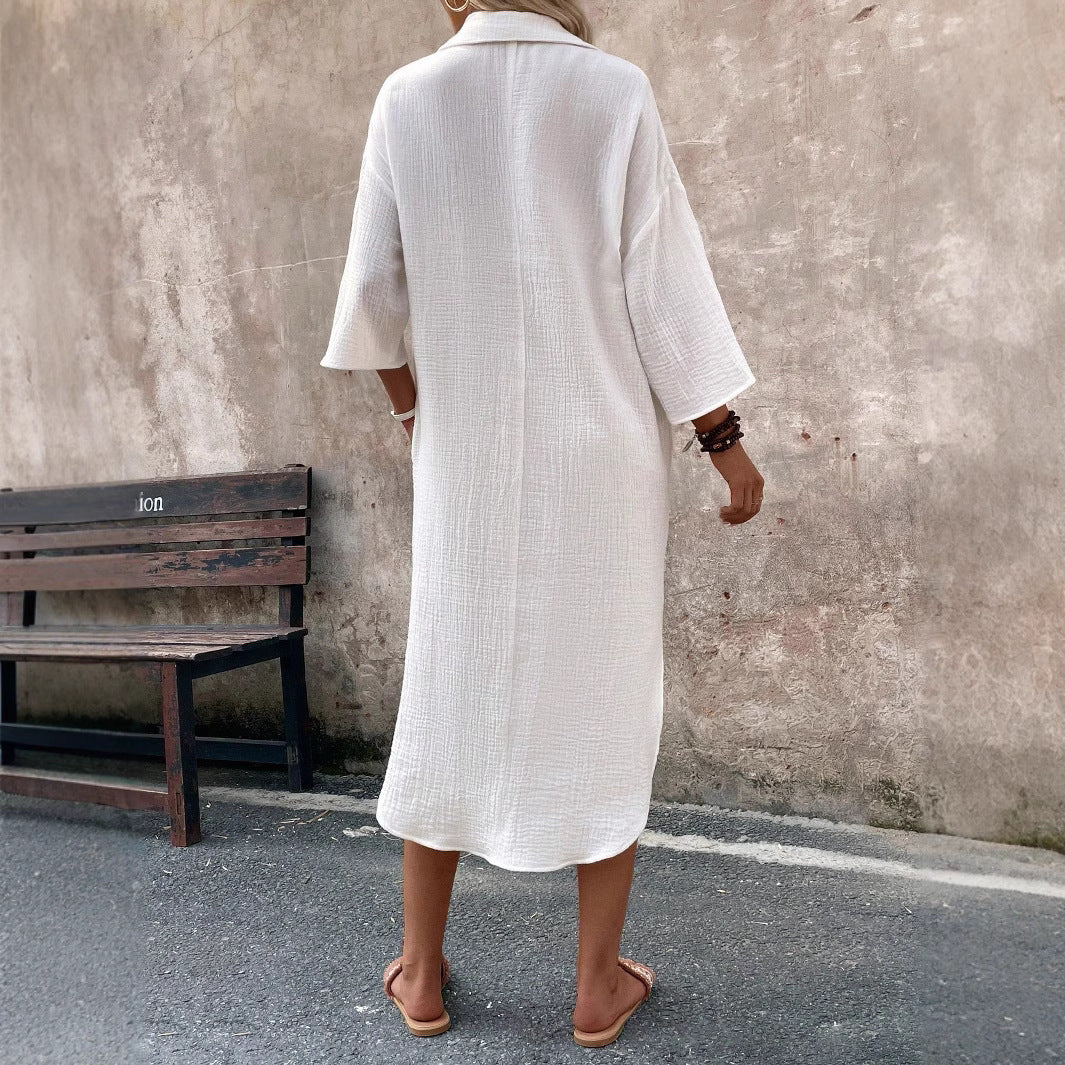 Women's midi shirt dress made of cotton muslin with 3/4 sleeves & patch pockets Mune Fashion