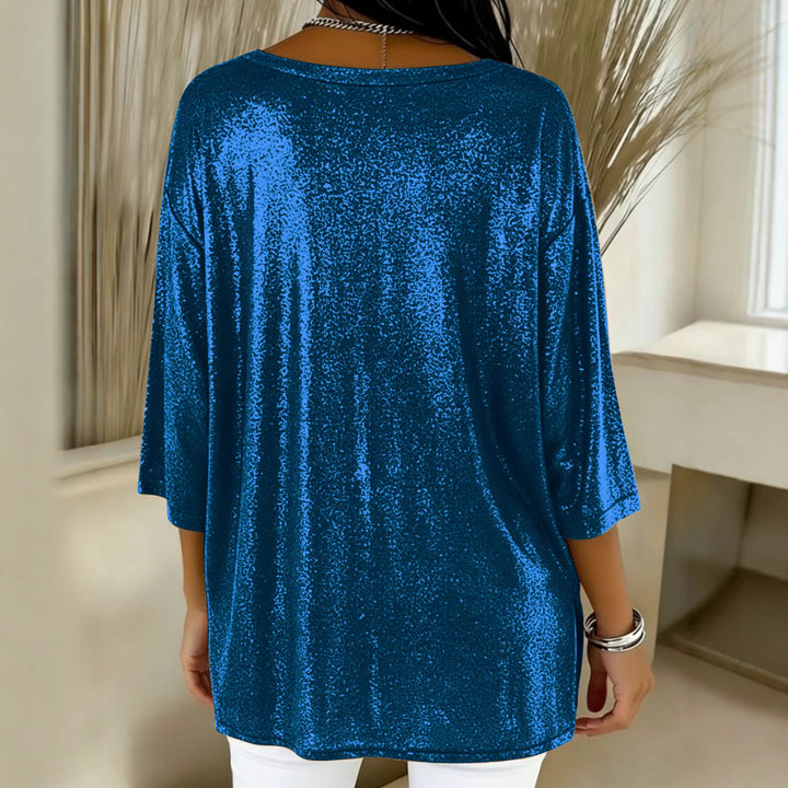 Ladies Shiny Oversize Tunic Shirt with V-Neck and Side Slits Mune Fashion