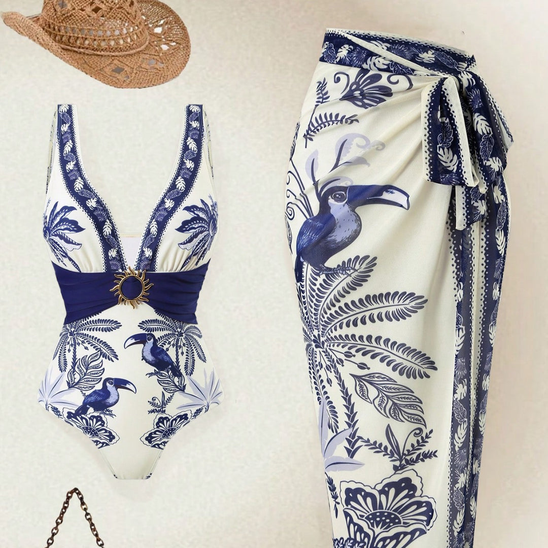 Women's One-Piece Swimsuit with Floral Design and Elegant Wrap Skirt Mune Fashion