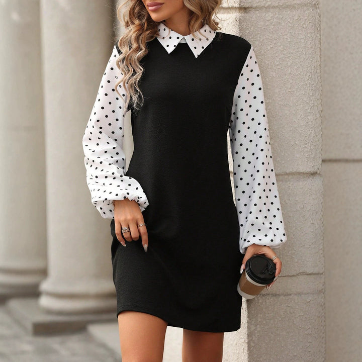 Women’s Contrast Blouse Dress with Puffed Polka Dot Sleeves and Shirt Collar Mune Fashion