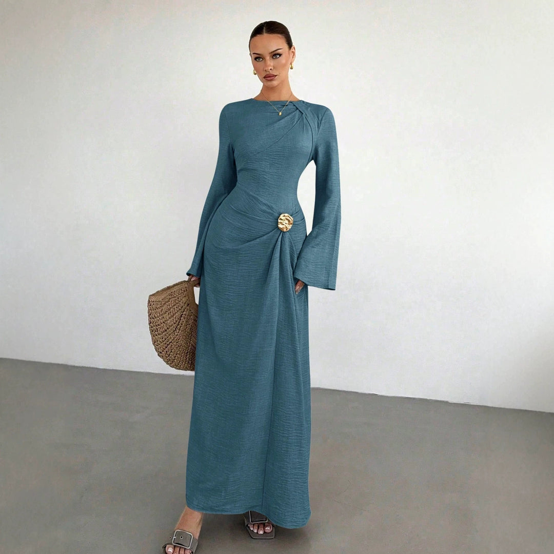 Ladies max dress with draping, decorative brooch and wide trumpet sleeves Mune Fashion