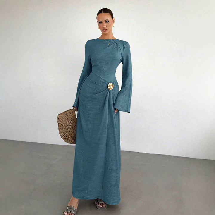 Ladies max dress with draping, decorative brooch and wide trumpet sleeves Mune Fashion