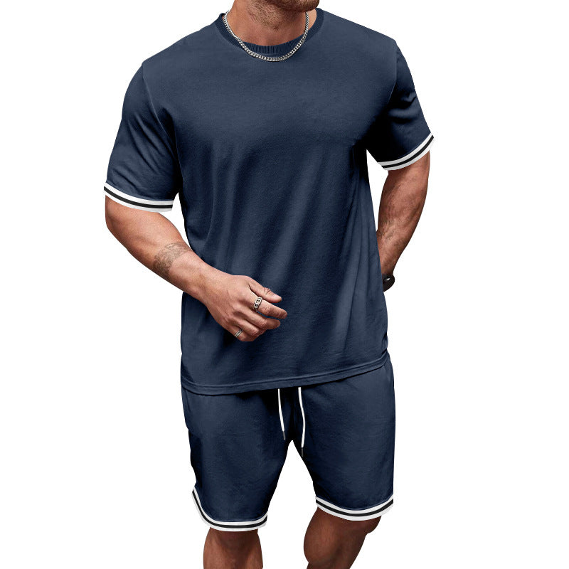Men's casual jersey set consisting of short-sleeve shirt and bermuda shorts with contrasting stripes, elastic waistband, and insert pockets Mune Fashion