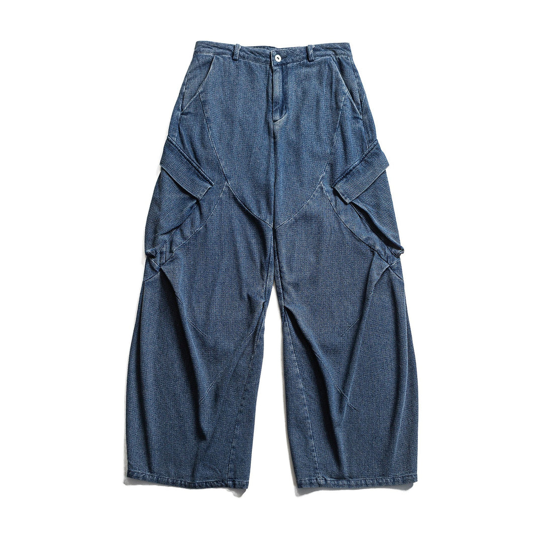 Women Wide Cargo Jeans Pants with High Waist, Distinctive Partial Seams and Decorative Pockets Mune Fashion